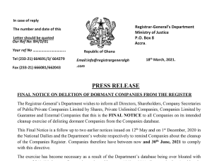 Final notice on the deletion of dormant companies from the register – RGD