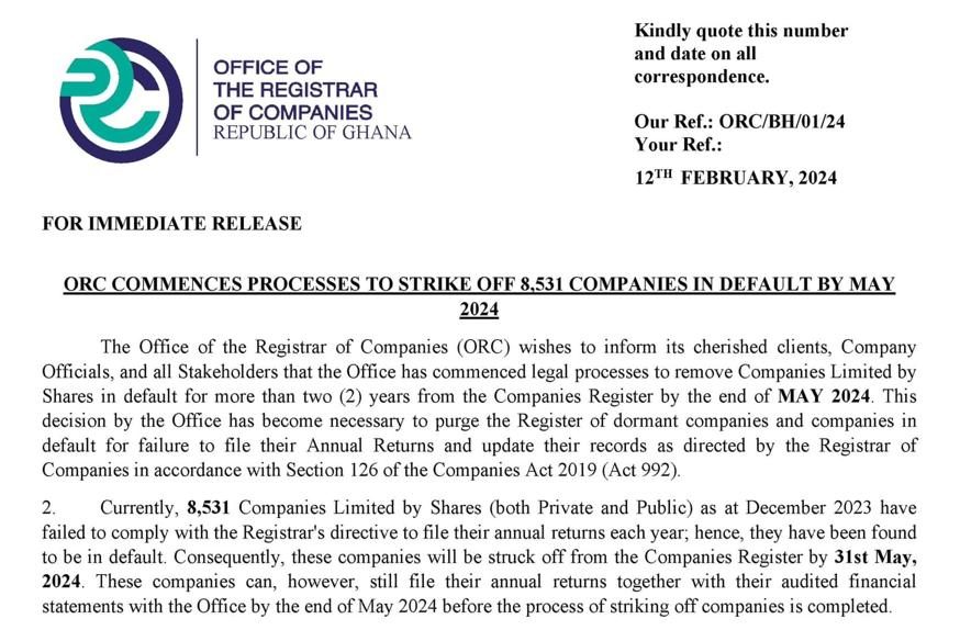 ORC commences processes to strike off 8,531 companies in default by May 2024