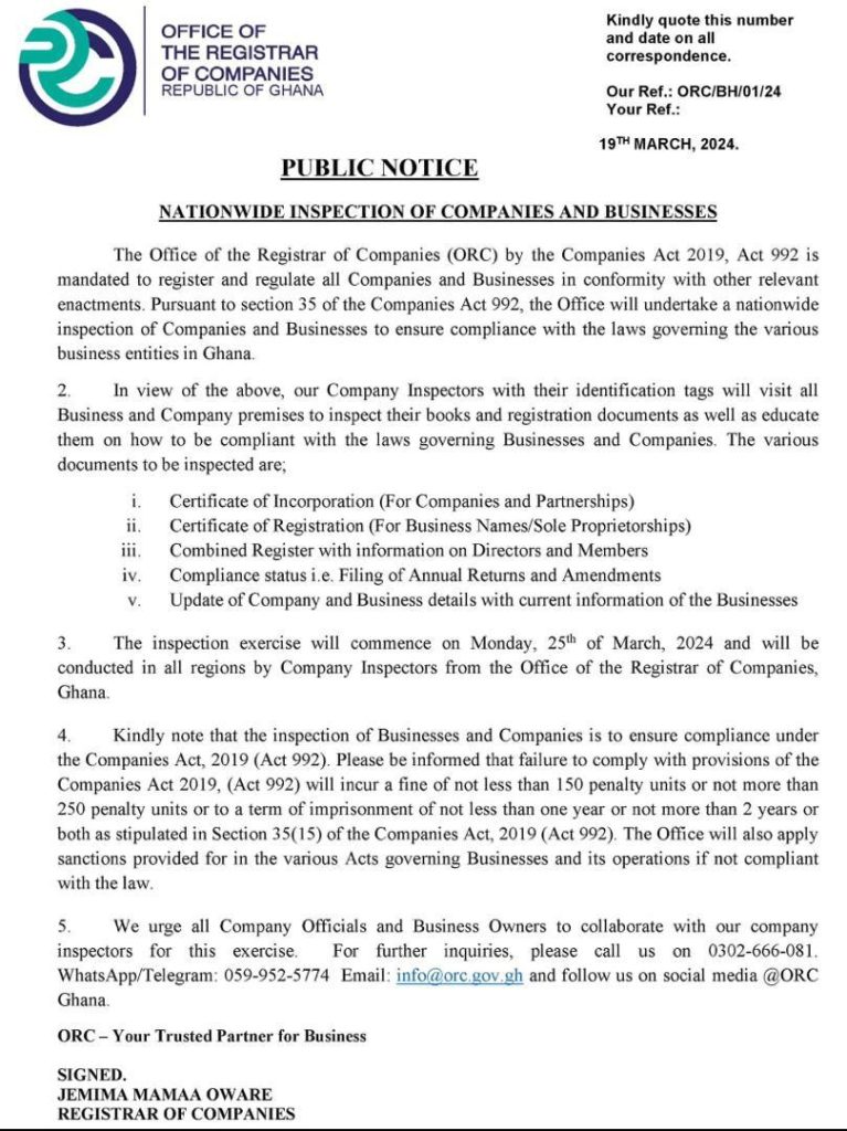 Public Notice: Nationwide Inspection of Companies and Businesses. 