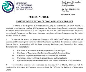 Public Notice: Nationwide Inspection of Companies and Businesses