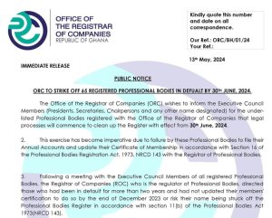 Public Notice: ORC to strike off 65 registered professional bodies in default by 30th June 2024